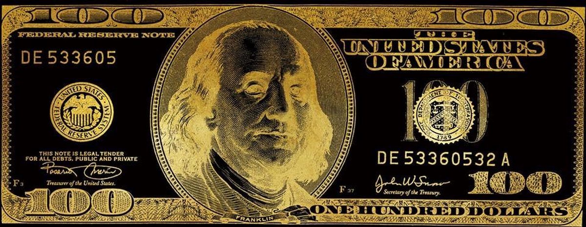 Fine Asianliving Pop Art Dollar Biljet Zwart Goud Digitale Print 150x60cm
