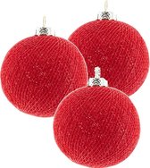 3x Rode Cotton Balls kerstballen 6,5 cm - Kerstversiering - Kerstboomdecoratie - Kerstboomversiering - Hangdecoratie - Kerstballen in de kleur rood