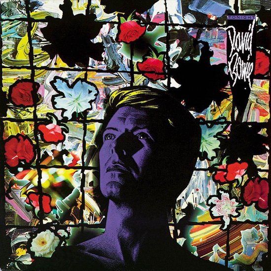 Albumhoes 'Tonight' van David Bowie. Paarse weergave van Bowie's hoofd, tegen een kleurrijke, bloemrijke achtergrond.