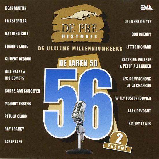 Album cover voor 'De Pre Historie: De Jaren 50, Volume 2'. Groot getal 56 met microfoon.