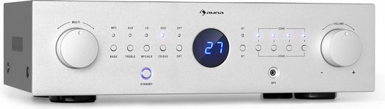 Auna AMP-CD950 DG Hifi versteker met bluetooth - 4 stereo output zones - Digitale multikanaals versterker - 8x 100W RMS - Aux, MP3, Digital disc en Opt. In - Inclusief afstandsbediening - Zilver