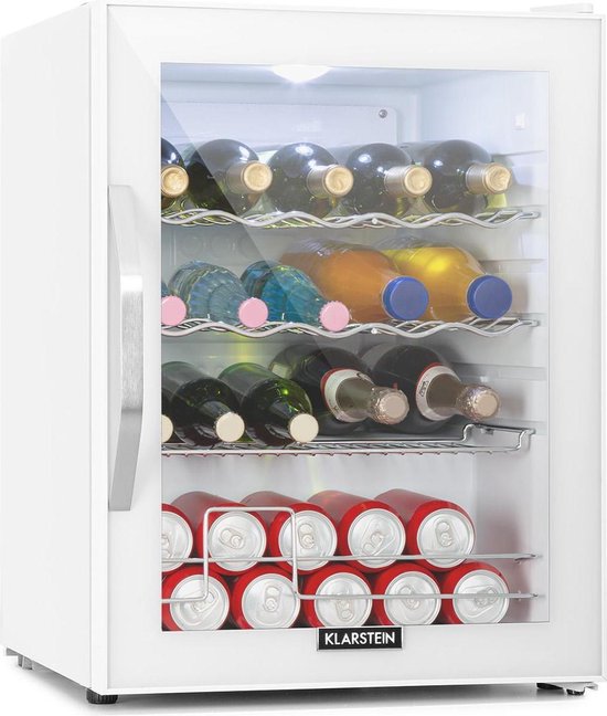 Klarstein Beersafe XL Quartz koelkast 60 liter , 42 dB , 5 koelniveaus voor temperaturen van 3 tot 10 °C , LED-binnenverlichting , 2 metalen rekken , glazen deur , wit