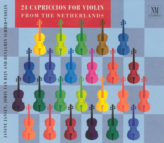 Albumhoes met 24 kleurrijke violen op een blauwe achtergrond. Tekst: 24 Capriccios for Violin from the Netherlands.