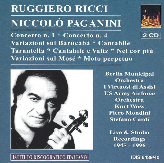 CD-hoes met portret van Ruggiero Ricci, met tekst over Niccolò Paganini, concerten en orkesten.