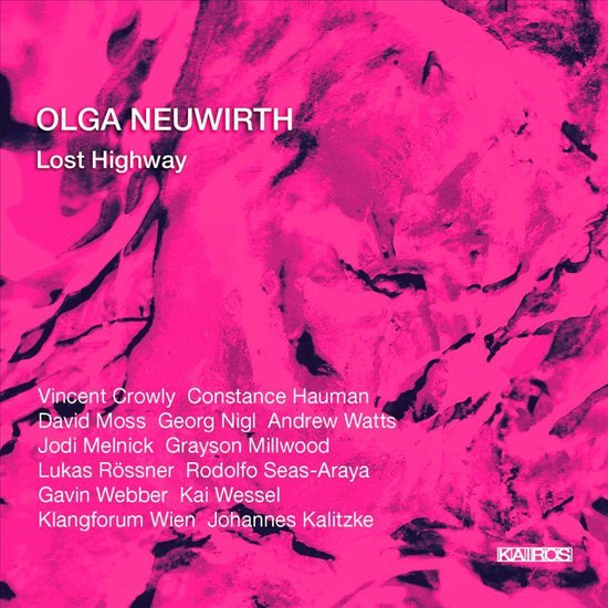 Albumhoes met roze en paarse abstracte achtergrond. Tekst met OLGA NEUWIRTH en Lost Highway, gevolgd door namen van artiesten en het KAIROS-logo.