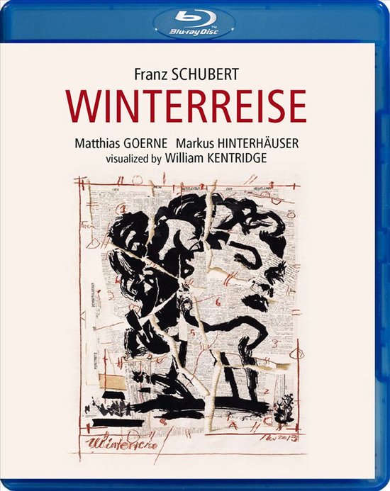 De voorkant van de Blu-ray disc van Franz Schuberts Winterreise, met een zwart-wit kunstwerk van William Kentridge.