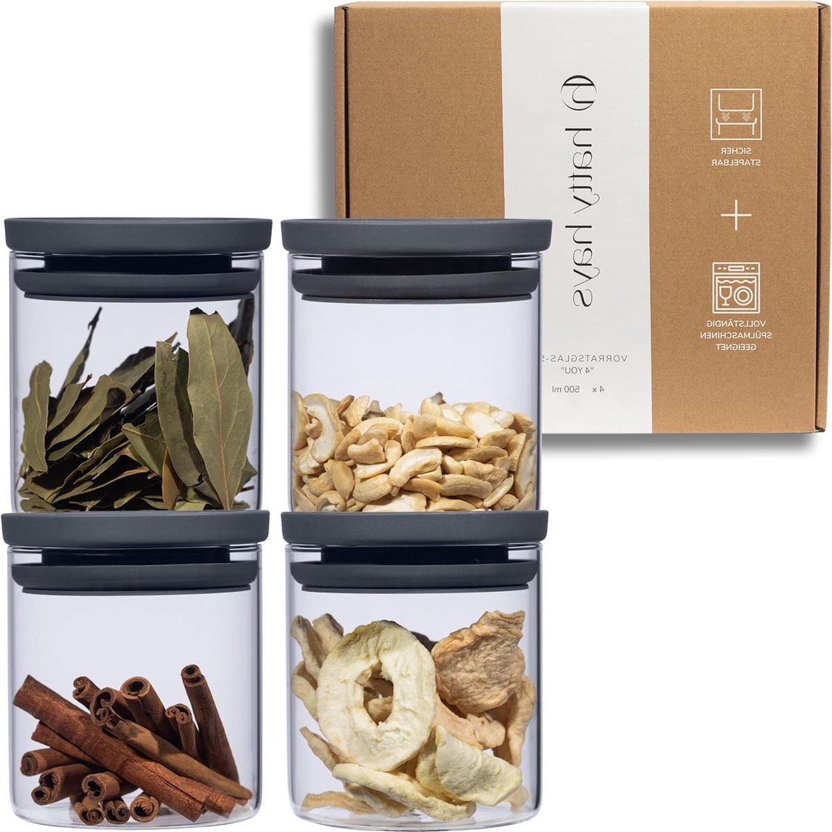Voorraadpotten met deksel set van 4 - 500 ml - robuust borosilicaatglas - stapelbaar - vaatwasmachinebestendig - BPA-vrij - structuur - keukenorganisatie - lang vers voedsel