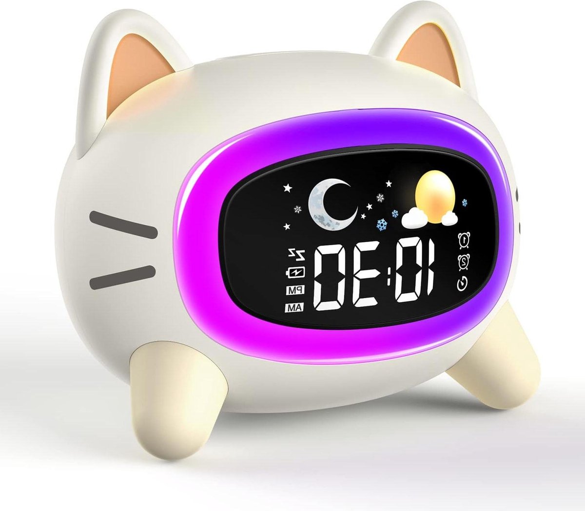 Bol.com Slaaptrainer Kinderen Wekker - Maan en Zon Geluid Machine - Digitale Nachtlampje Klok - Batterij Aangedreven Slaaptrainer aanbieding