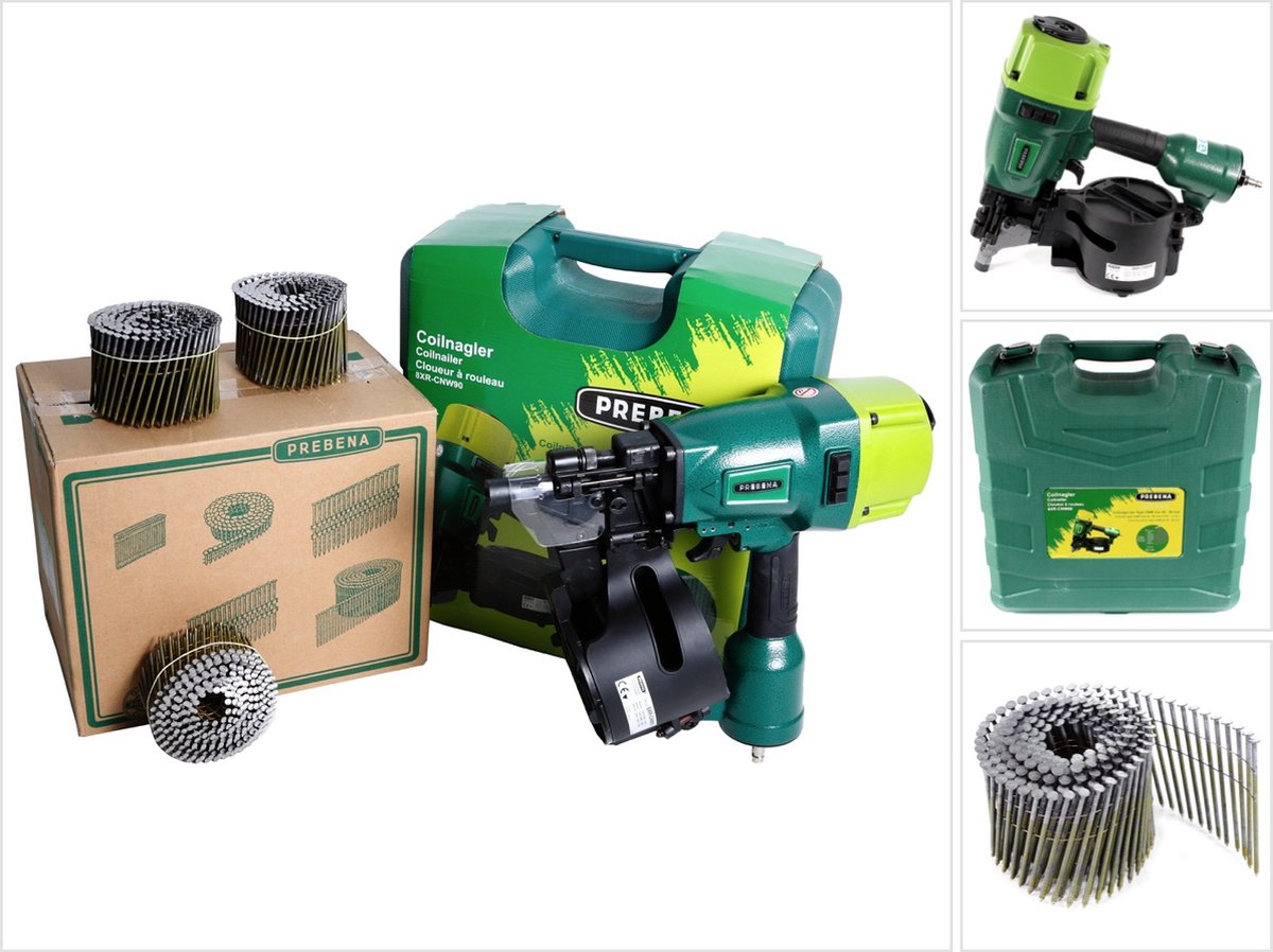Prebena 8XR-CNW90 Coilnagler Persluchtnagelmachine in transportkoffer + Prebena CNW31/90BKRI Coilnagels Ringschaft 3600 stuks