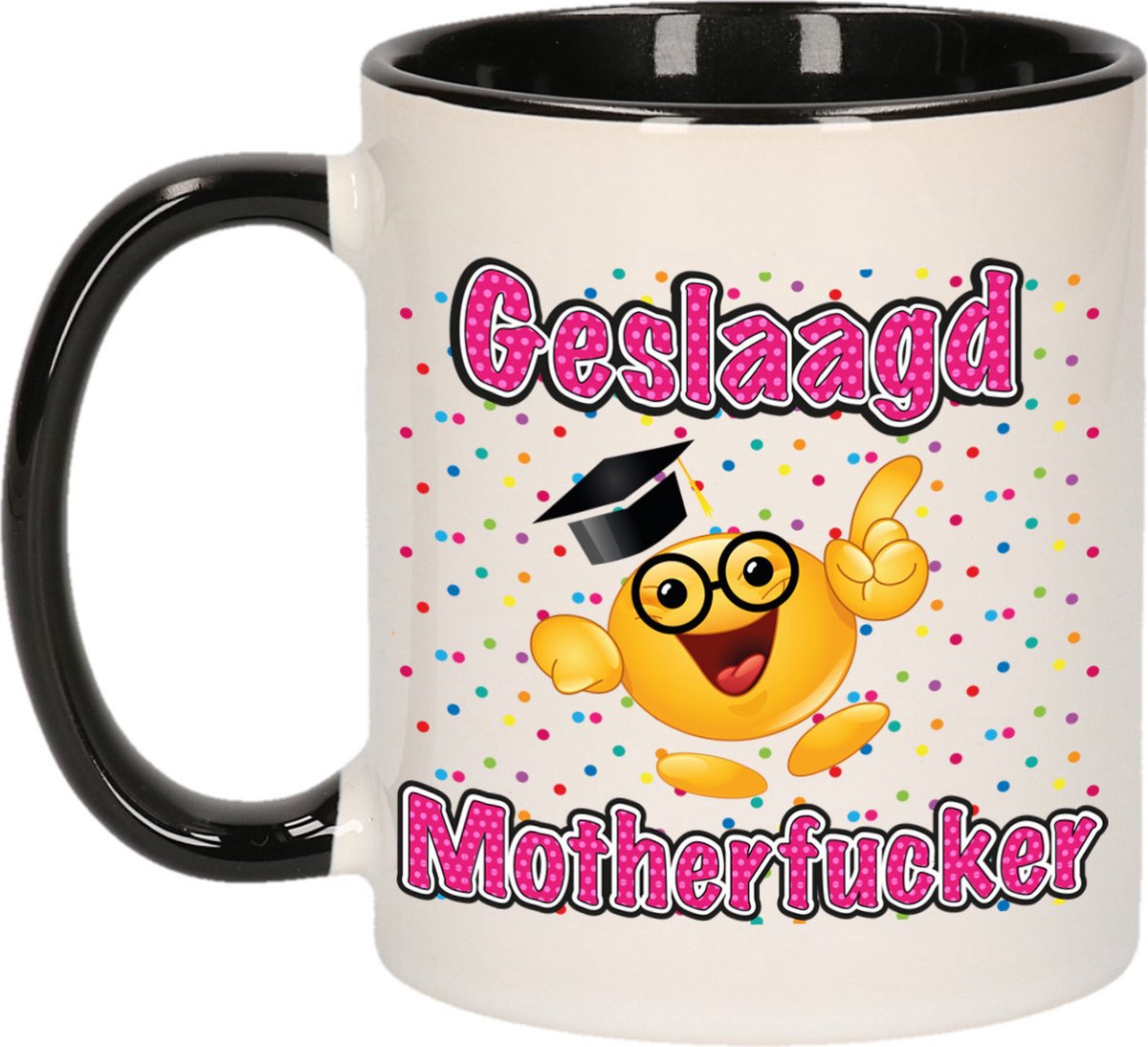 Bellatio Decorations Geslaagd cadeau mok - zwart/roze - Geslaagd Motherfucker - Ca. 300 ml