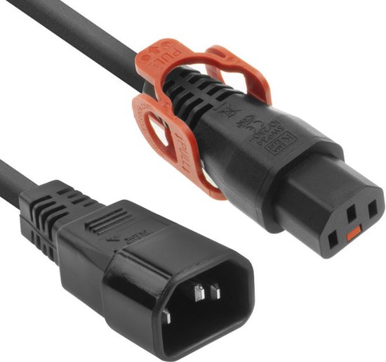 C13 IEC Lock Haaks naar Onder - C14 Verlengkabel - 3 x 1mm2 - 1 meter C13 IEC Lock Haaks naar Onder - C14 Verlengkabel - 3 x 1mm2 - 1 meter
