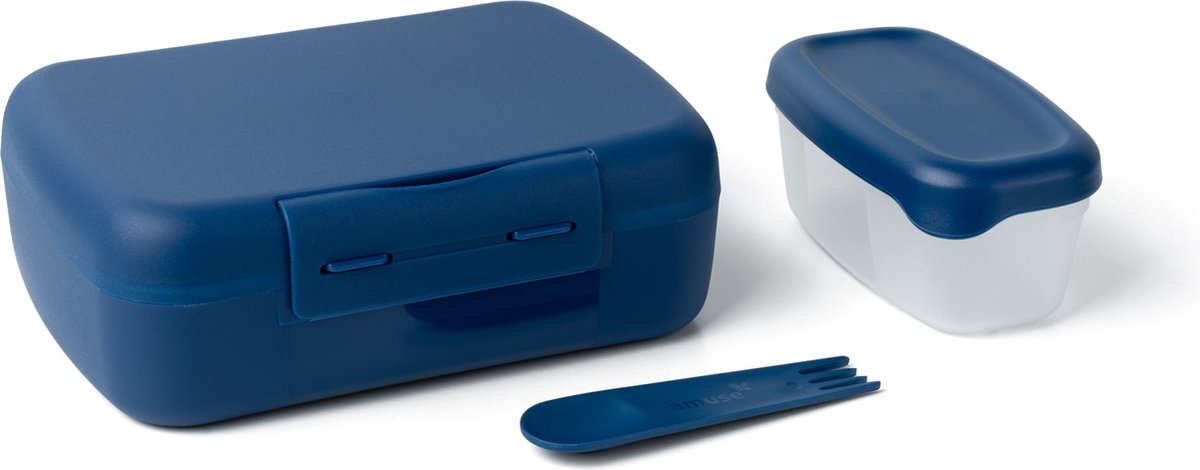 Brunch & Salad Brooddoos Navy - Lunchbox met Lekvrij Snackdoosje en Spork - BPA-vrije Broodtrommel - Blauw - 210x156x71mm