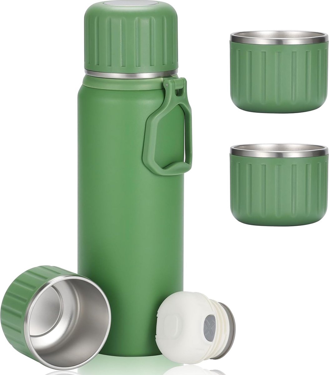 Thermosfles roestvrij staal cadeauset 750 ml thermosfles met 3 drinkbekers lekvrije waterfles voor koffie thee houdt 6 uur warm en koud (groen)