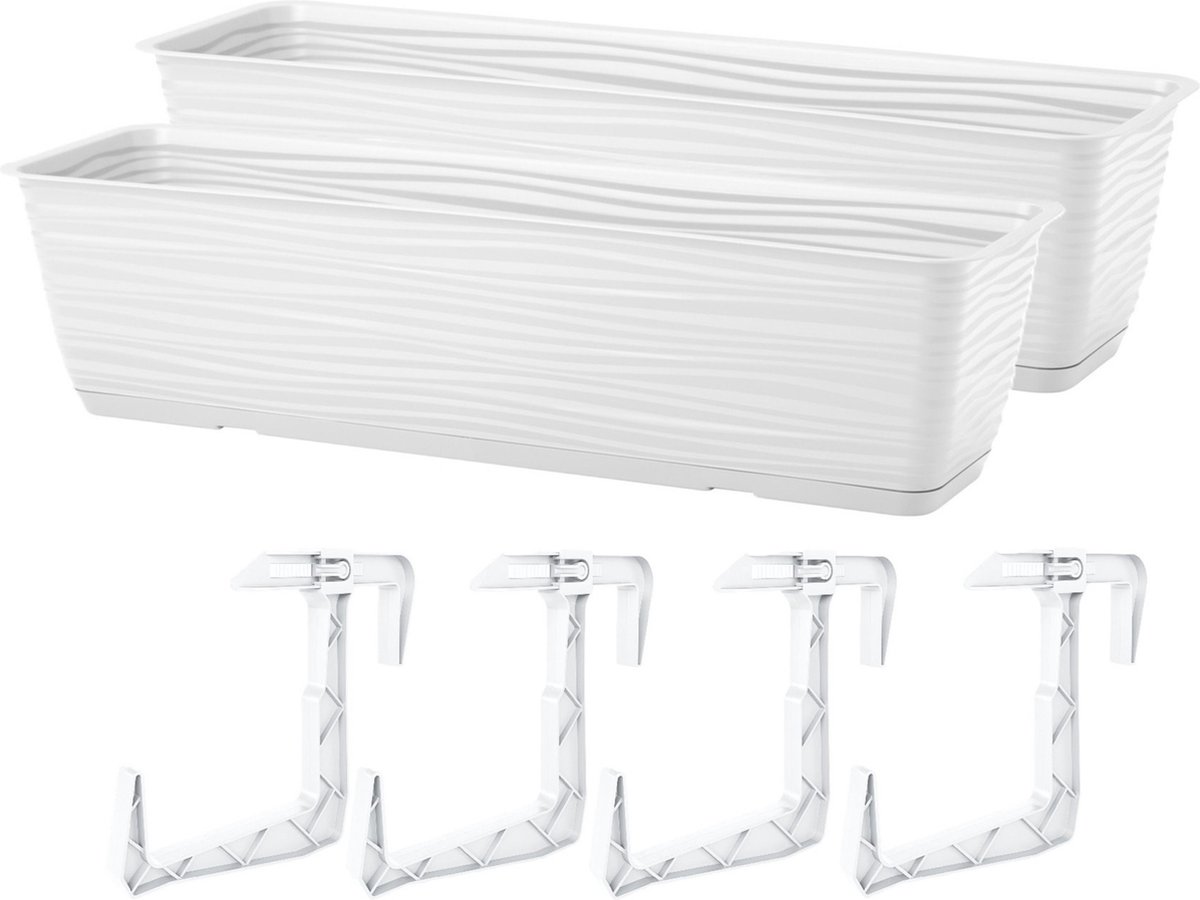 Form Plastic Balkon plantenbak Balustrade 2x incl ophangbeugels kunststof wit L50 x B17 x H14