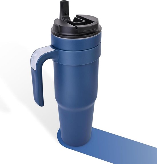 Foto: Thermobeker met deksel en rietje 1200 ml quencher tumbler houdt koffie 12 uur koud lekvrij blauw