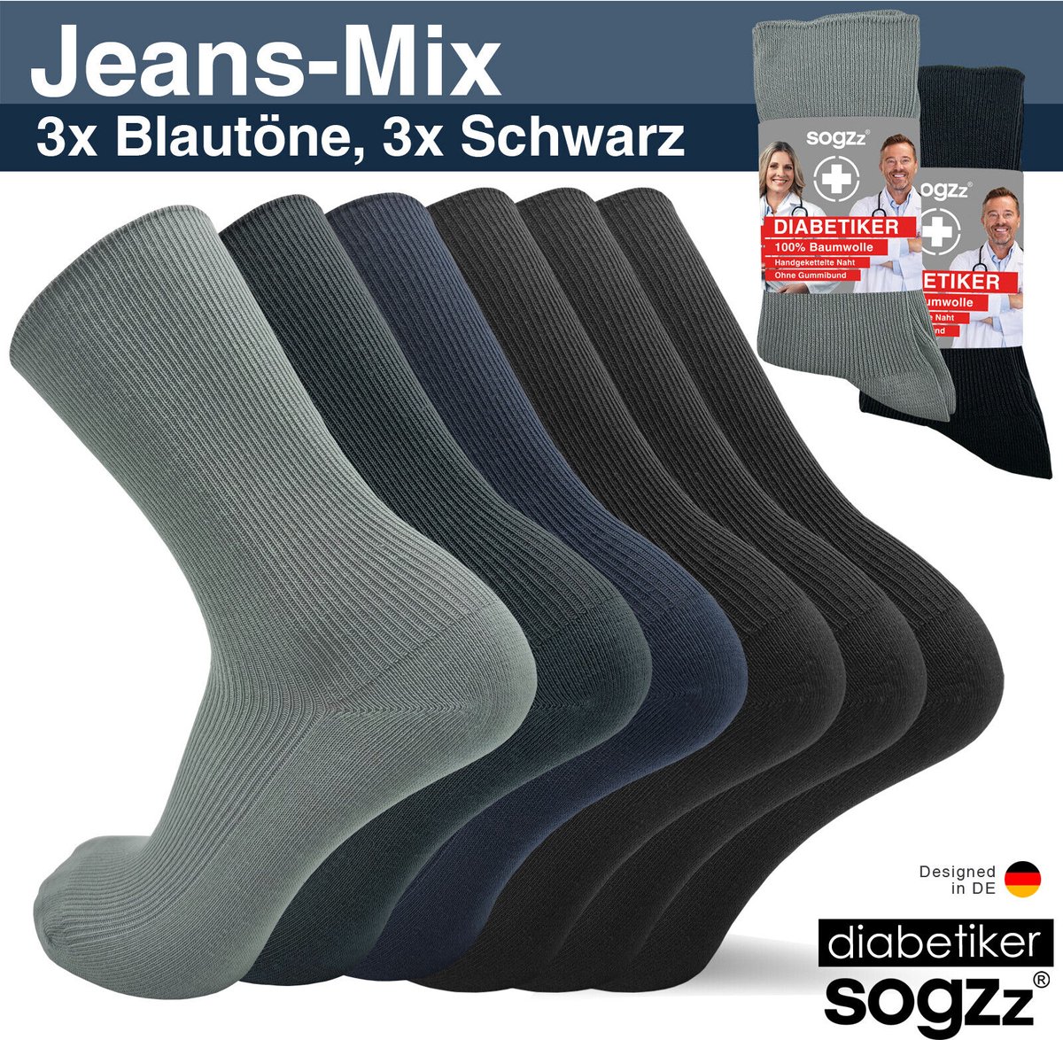 SOGZZ® - 6 Paar Diabetes Sokken - Classic Kleuren Zonder Naad , Zonder Rubber 100% Katoen Unisex Maat 47/50