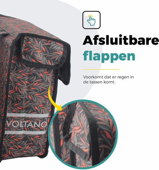 Voltano Dubbele Fietstas Crimson Leaf - Zwarte Met Grijze Bloemen - 38 Liter - 100% Waterdicht Polyester - Vrolijke Fietstassen van Voltano — afbeelding 5