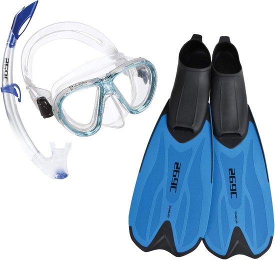 Foto: Duikmasker snorkel en vinnen set blauw voor volwassenen en kinderen maat 28 30