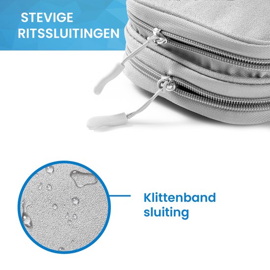 Grijze tas met dubbele ritsen. Een detail toont de waterafstotende stof.