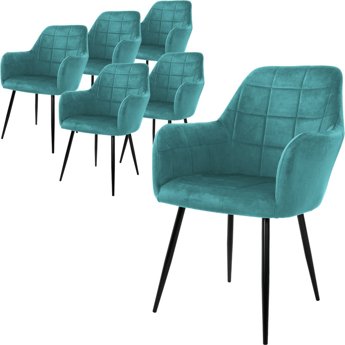 ml-design ECD Germany Set van 6 Eetkamerstoelen met Rugleuningen en Armleuningen, Turquoise, Keukenstoelen met Fluwelen Bekleding, Gestoffeerde Stoelen met Metalen Poten, Ergonomische Stoelen voor Eettafel