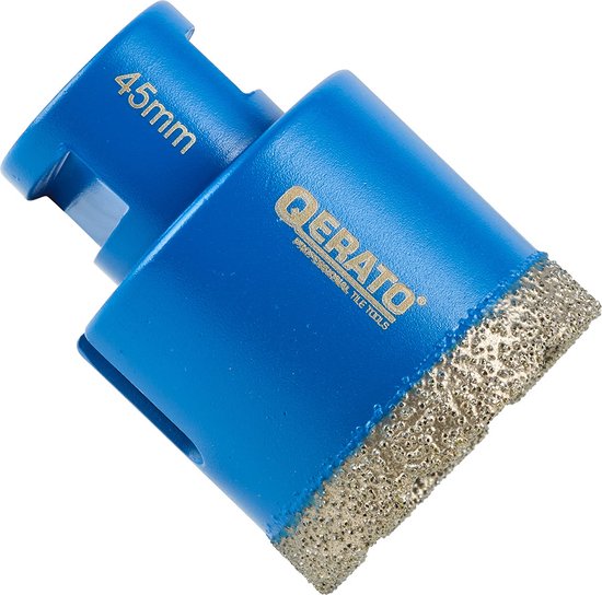 Qerato diamantboor, 45mm, met blauwe behuizing en gekartelde rand.