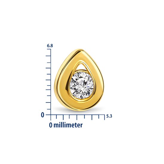 Gouden oorbel met een druppelvormige omlijsting en een zirkonia in het midden. Afmetingen 6.8 x 5.3 millimeter.