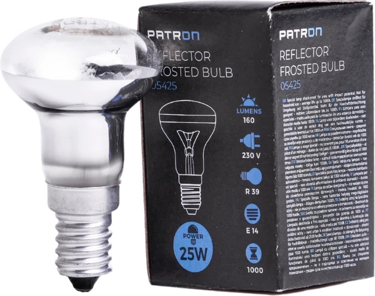 Patron E14 R39 Reflector Gloeilamp | 25W 2700K Mat | Dimbaar