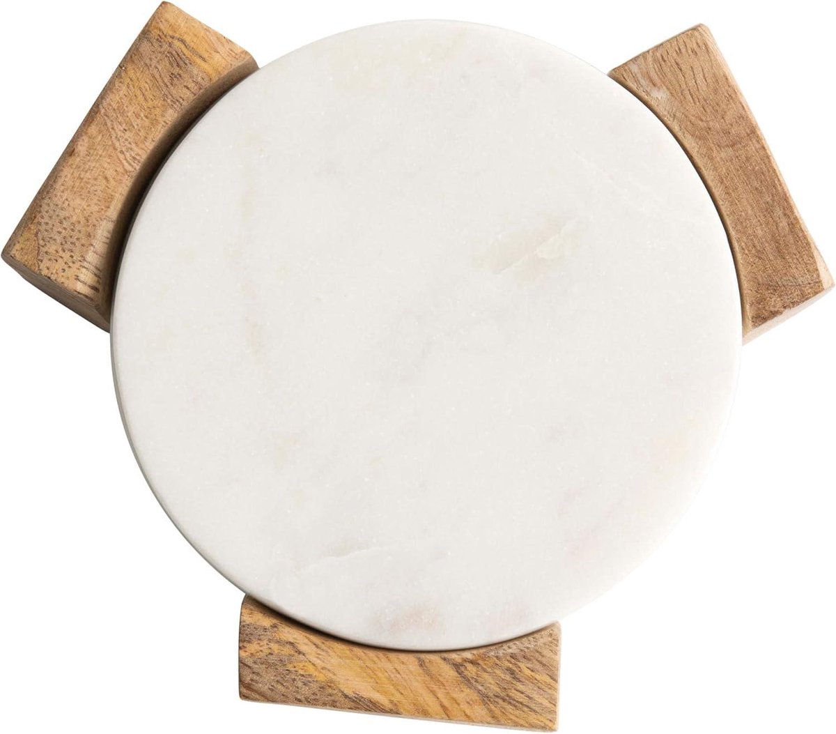 Ronde marmeren onderzetters - set van 5 stuks - mango houten houder - wit.