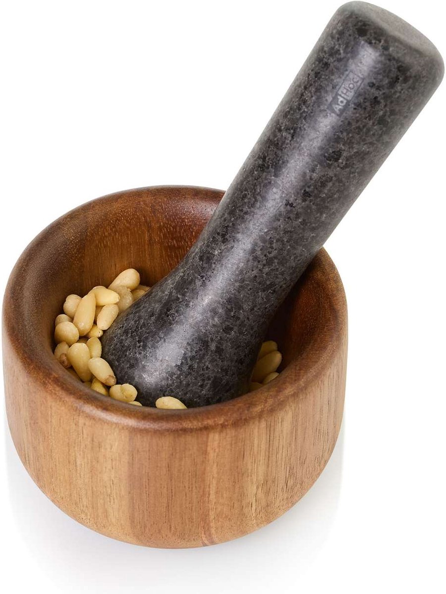 AdHoc Taru Vijzel met Stamper – Acaciahout & Graniet – 9 cm – Voor Kruiden & Specerijen