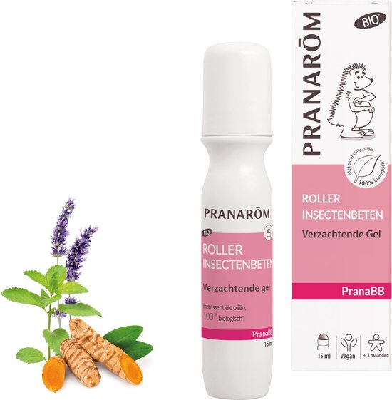 Verzachtende roller voor na insectenbeten, met roze en witte verpakking, een egel-icoon, lavendel en kurkuma.