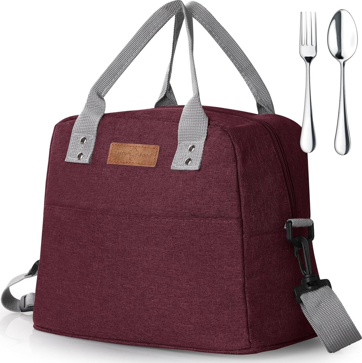 Lunchtas+vork+lepel met verstelbare riem brede open koeltas waterdichte lekvrije herbruikbare geïsoleerde lunchtas voedselorganizer voor buiten picknick school werk volwassen kinderen wijnrood