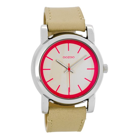 OOZOO Timepieces - Zilverkleurige horloge met zand leren band - C7180