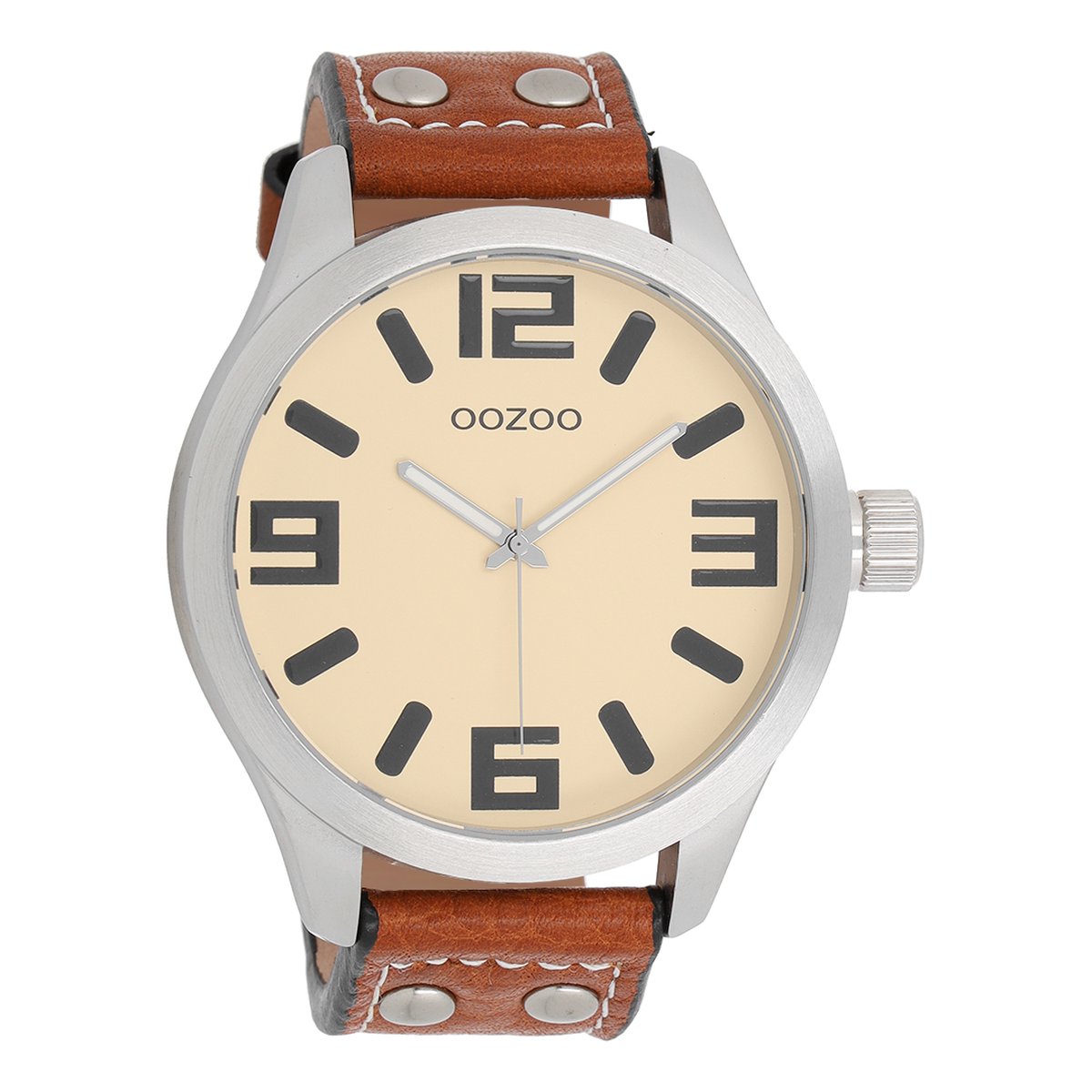 OOZOO Timepieces - Zilverkleurige horloge met cognac leren band - C1002