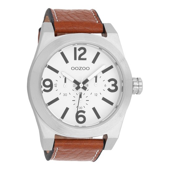 OOZOO Timepieces - Zilverkleurige horloge met cognac leren band - C6730