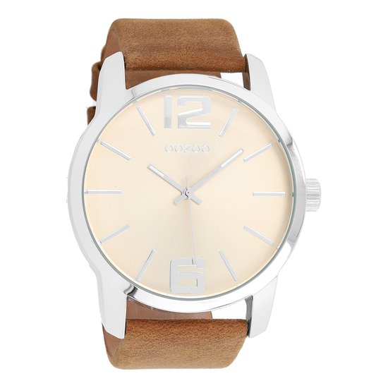 OOZOO Timepieces - Zilverkleurige horloge met bruine leren band - C6701