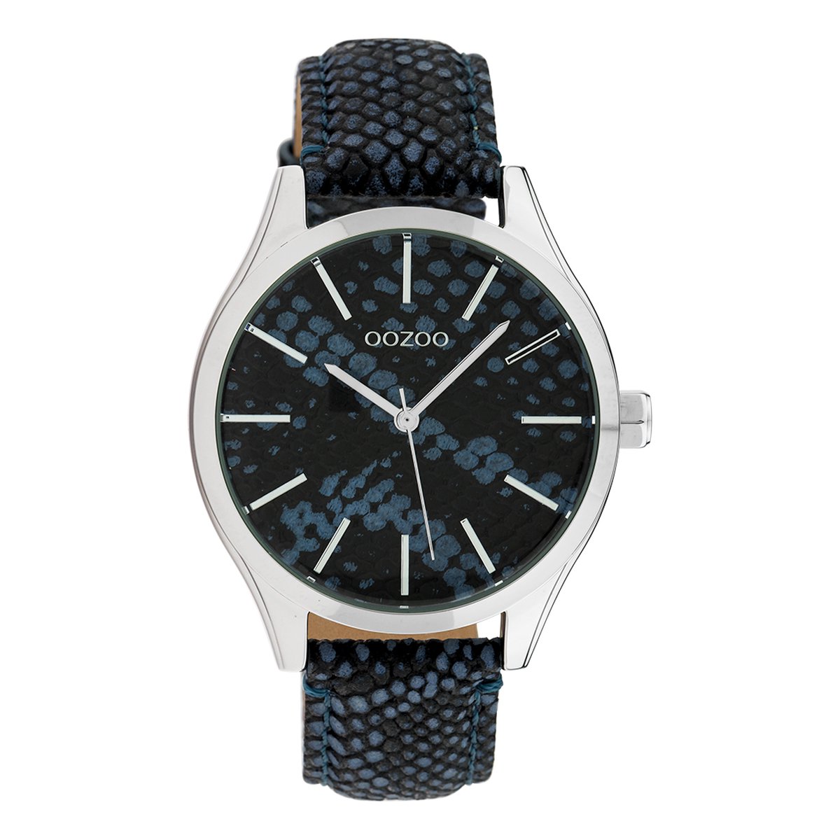 OOZOO Timepieces - Zilverkleurige horloge met donker blauwe leren band - C10434