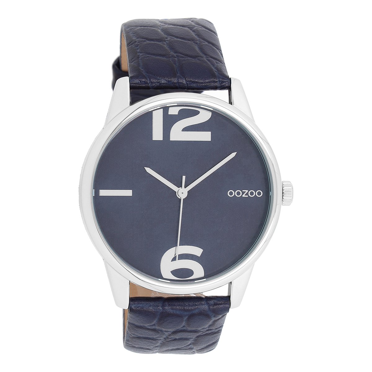 OOZOO Timepieces - Zilverkleurige horloge met avond blauwe leren band - C10377