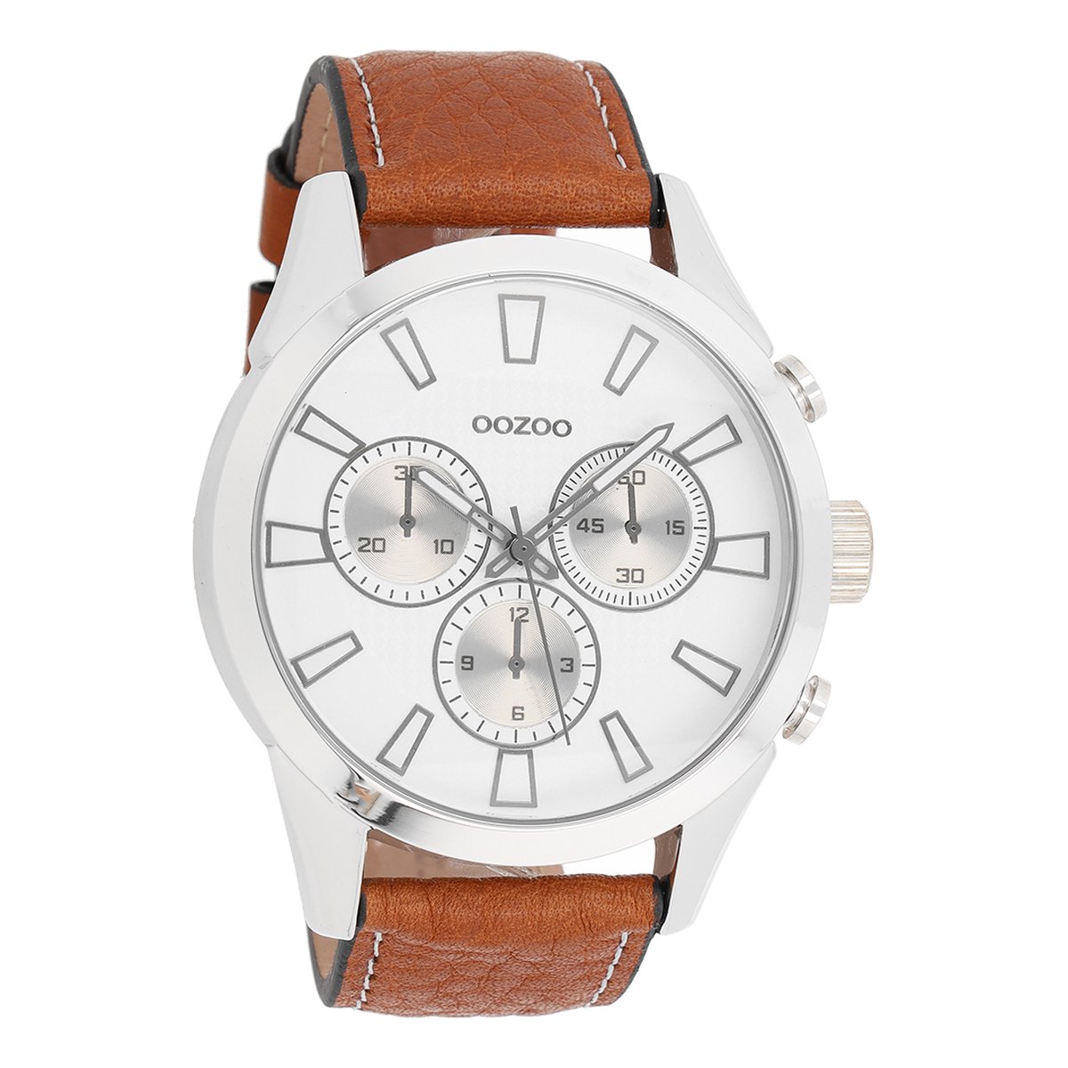 OOZOO Timepieces - Zilverkleurige horloge met cognac leren band - C7470