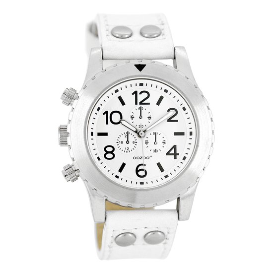 OOZOO Timepieces - Zilverkleurige horloge met witte leren band - JR160
