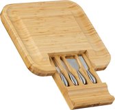 Bamboe Kaasplank met Kaasmes 36 x 34 x 5 cm - Houten Kaasplank met 4 Kaasbestek van Roestvrij Staal - Serveerset Tapasdienblad Cheese Slicer