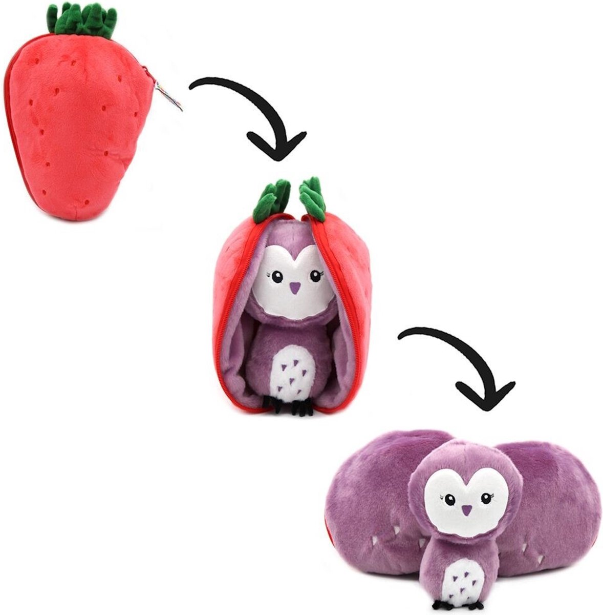 Les Deglingos Flipetz - 2-in-1 Knuffel Uil Aardbei - Gerecycled materiaal - 0+ jaar