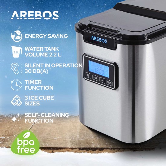 AREBOS IJsblokjesmachine - Ice Maker - Roestvrij staal, productietijd van 8 tot 13 minuten - 3 Ijsblokjesmaten - LCD-display van AREBOS — afbeelding 4