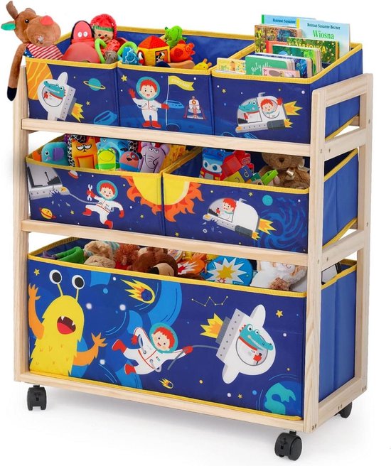 Foto: Kids toy storage organizer 3 tier houten opbergrek met wielen afneembare opbergbakken boekenplank boekenkast grote capaciteit multi kast voor boeken