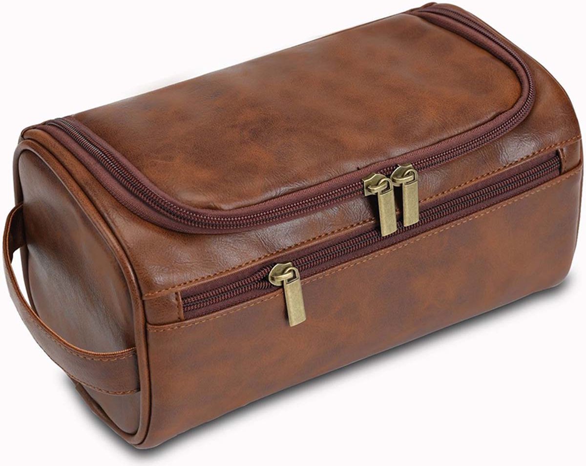 Yucka - Vintage PU leren heren toilettas met haak - Luxe reistas voor hem - Bruin