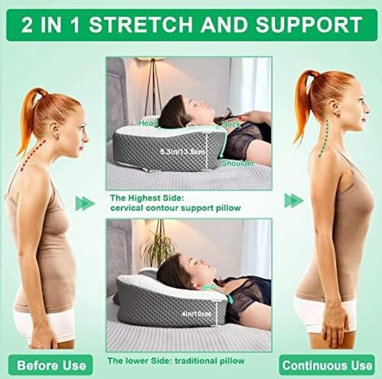 Memory foam kussen, het nekkussen wordt gebruikt om nekpijn te verlichten. Het is zacht en koel. Het rugslapkussen is aan beide zijden omslaanbaar en past perfect rond het gezicht. Het is een