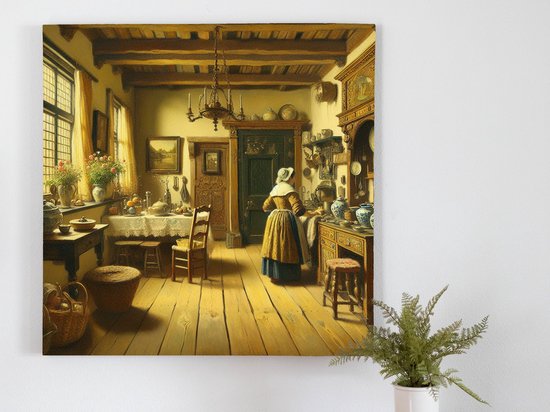 Modern vermeer schilderij | Hedendaags schouwspel; een eigentijdse ode aan de Nederlandse meester | Kunst - 100x100 centimeter op Canvas | Foto op Canvas