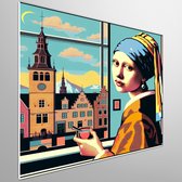 Pop art vermeer schilderij | Vibrant Vermeer: A Modern Twist on Classic Masterpieces Displayed | Kunst - 40x40 centimeter op Dibond | Foto op Dibond