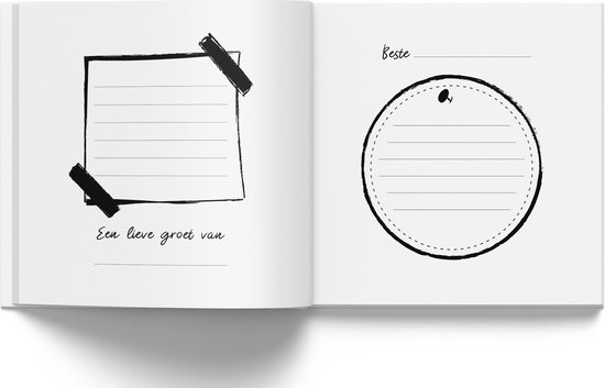 Open boek met twee lege pagina's voor notities. Links een vierkant met lijnen, vastgezet met tape en 'Een lieve groet van'. Rechts een cirkel met lijnen en 'Beste'.