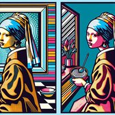 Pop art vermeer schilderij | Vibrant Vermeer: A Fusion of Pop Art and Classic Beauty | Kunst - 40x40 centimeter op Dibond | Foto op Dibond