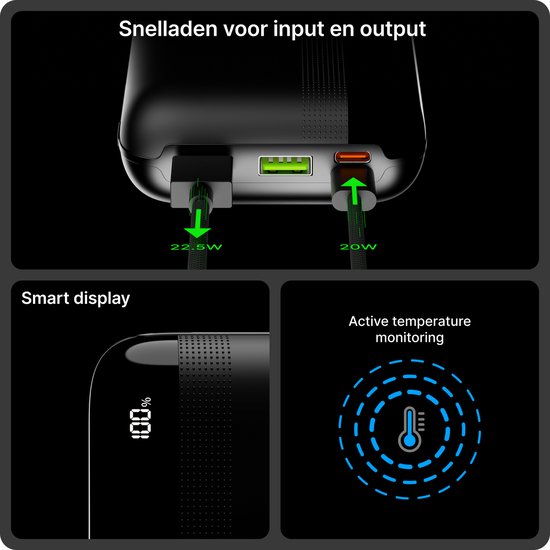 Close-up van de Voomy powerbank met aangesloten kabels en indicaties voor 22.5W en 20W opladen, en een smart display dat 100% aangeeft.